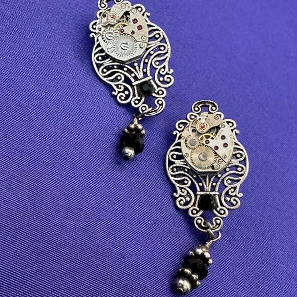 Steampunk Dangle Post Earrings Watch Gear 17 Jewels. - Picture 8 of 14